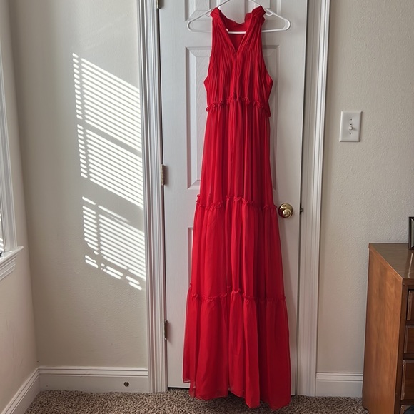 MAC DUGGAL RUCHED RUFFLE TIERED HIGH NECK BOW A LINE RED HALTER DRESS GOWN 4 - Picture 6 of 9